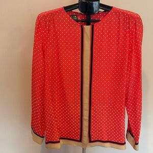 C. Wonder Coral Polka Dot Blouse with Navy and Cream Trim